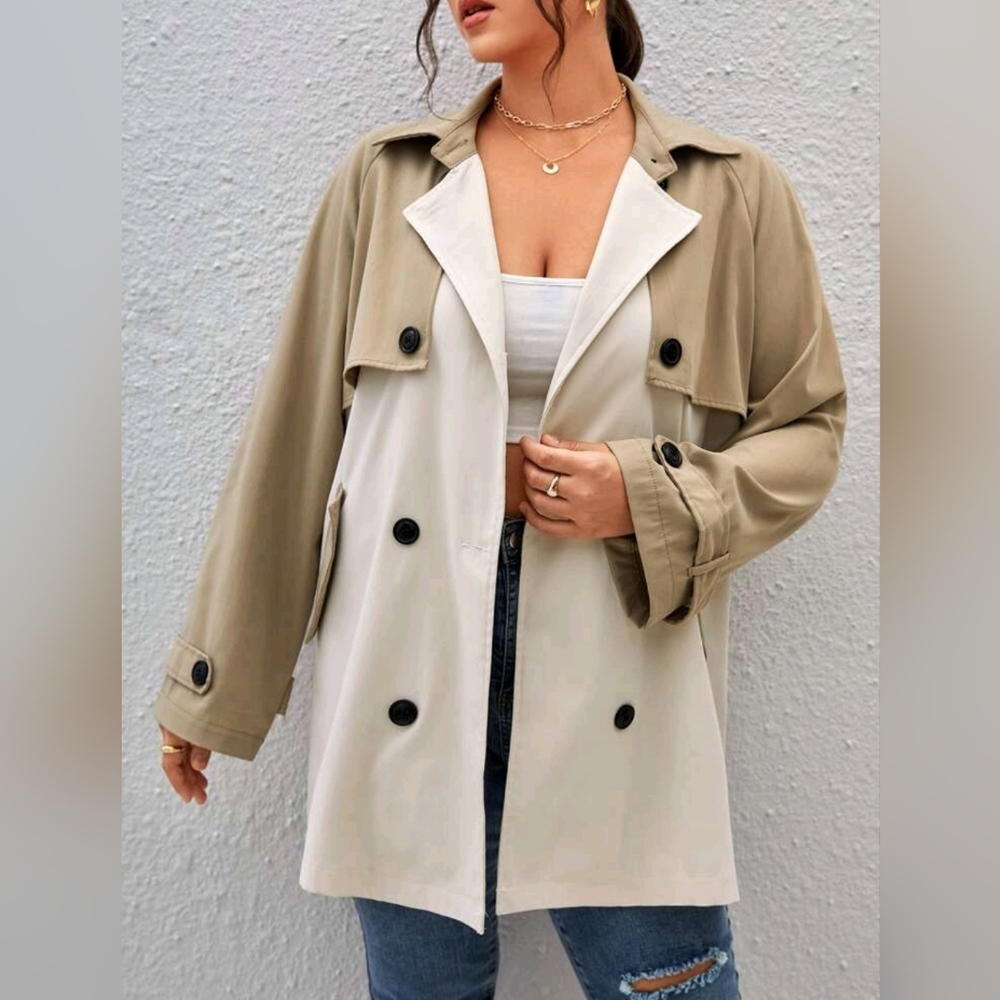 SHEIN Privé Plus Two Tone Raglan Sleeve Double Breasted Trench Coat